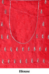 Bright red saree with elegant golden floral embroidery and a rich embellished border along with matching blouse