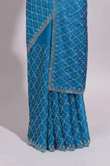 Blue saree with all over scallop pattern embroidery sequin detailing and a delicate embellished border along with matching blouse