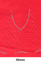 Red saree with silver vertical sequin lines floral motifs embellished border and matching pallu detailing along with matching blouse