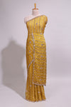 Turmeric yellow saree with silver sequin vertical lines floral motifs embellished border and matching pallu design along with matching blouse