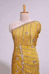 Turmeric yellow saree with silver sequin vertical lines floral motifs embellished border and matching pallu design along with matching blouse