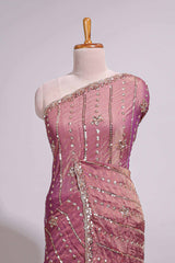 Onion pink saree with silver sequin vertical lines floral motifs embellished border and matching pallu design along with matching blouse