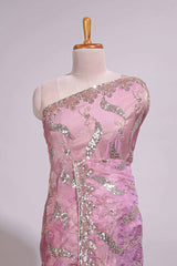 Onion pink saree with sequin abstract wave embroidery and a detailed embellished border along with matching blouse