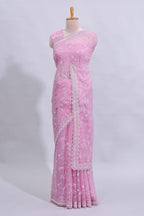 Pink floral design chamki work designer saree with self scallop border and matching blouse