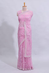 Pink floral design chamki work designer saree with self scallop border and matching blouse