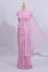 Pink floral design chamki work designer saree with self scallop border and matching blouse