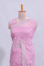 Pink floral design chamki work designer saree with self scallop border and matching blouse