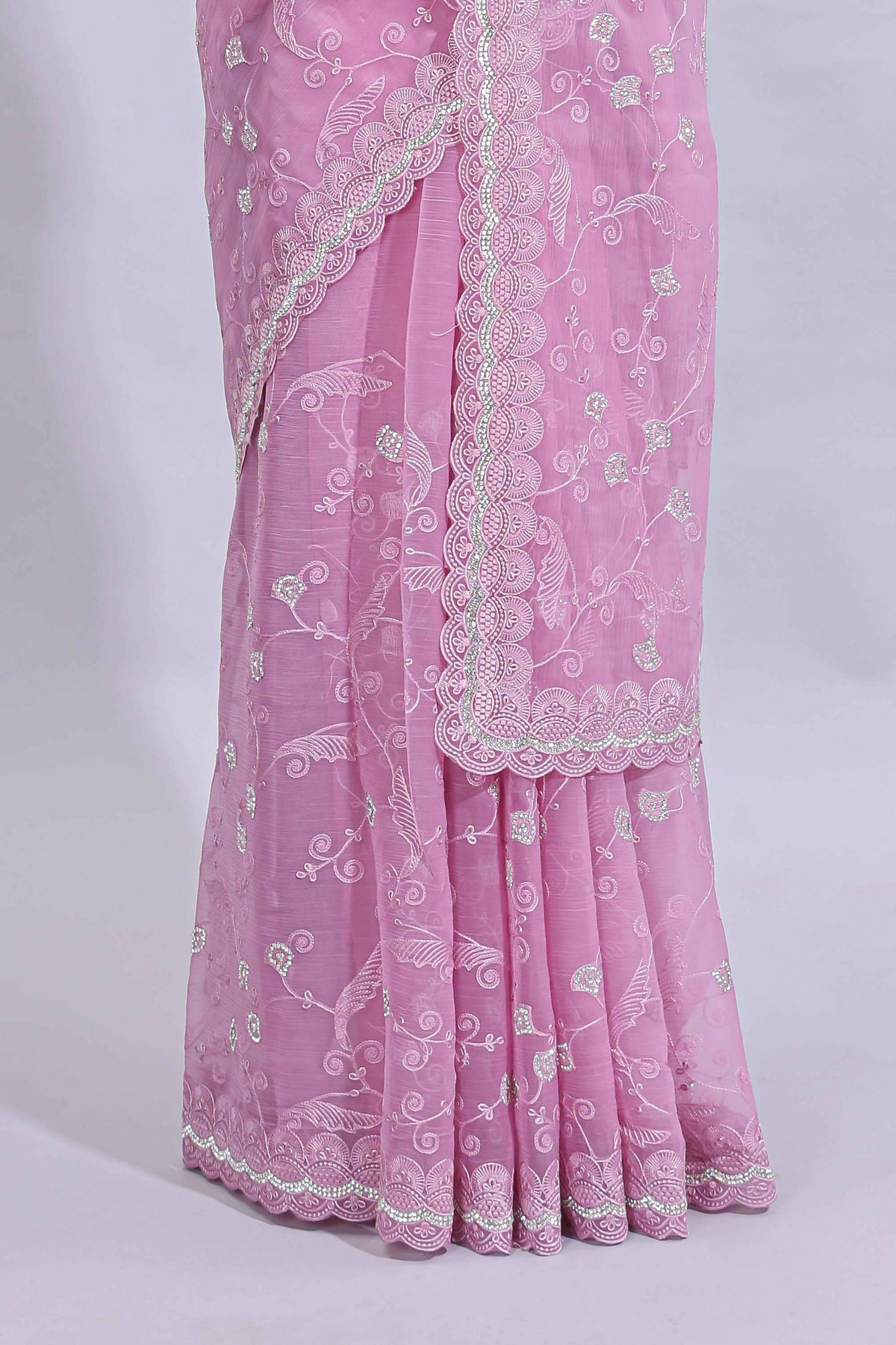 Pink floral design chamki work designer saree with self scallop border and matching blouse