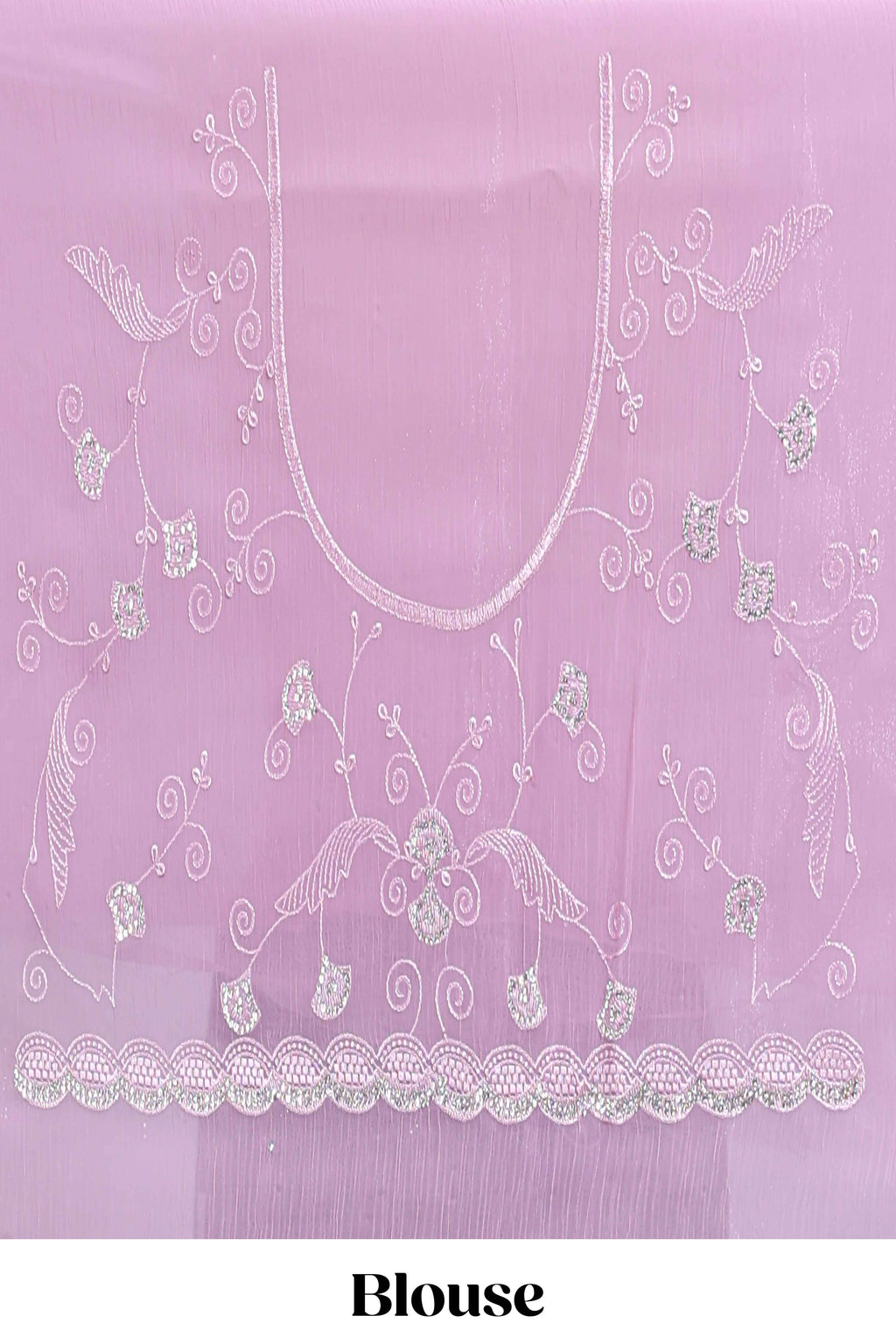 Pink floral design chamki work designer saree with self scallop border and matching blouse