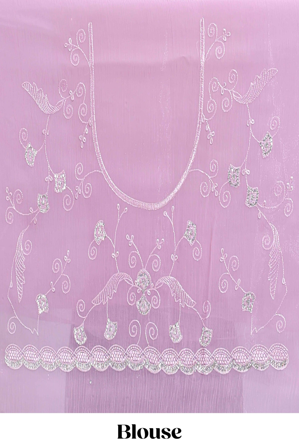 Pink floral design chamki work designer saree with self scallop border and matching blouse