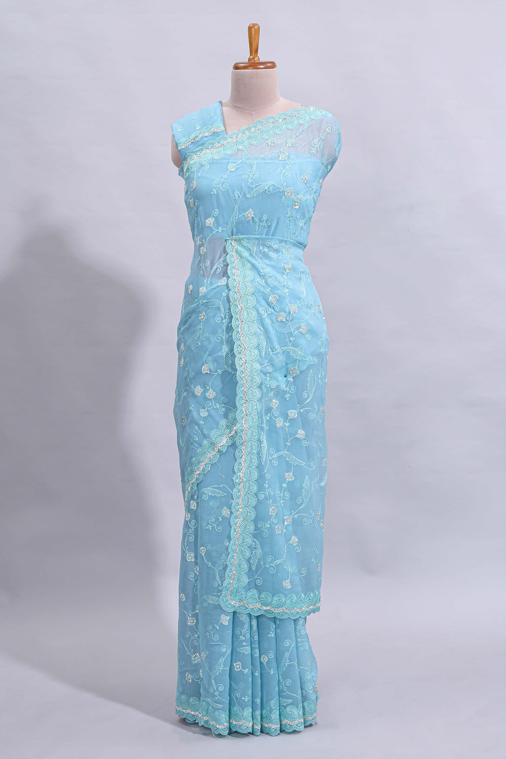 Blue floral design chamki work designer saree with self scallop border and matching blouse