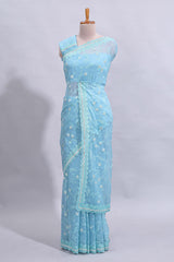 Blue floral design chamki work designer saree with self scallop border and matching blouse