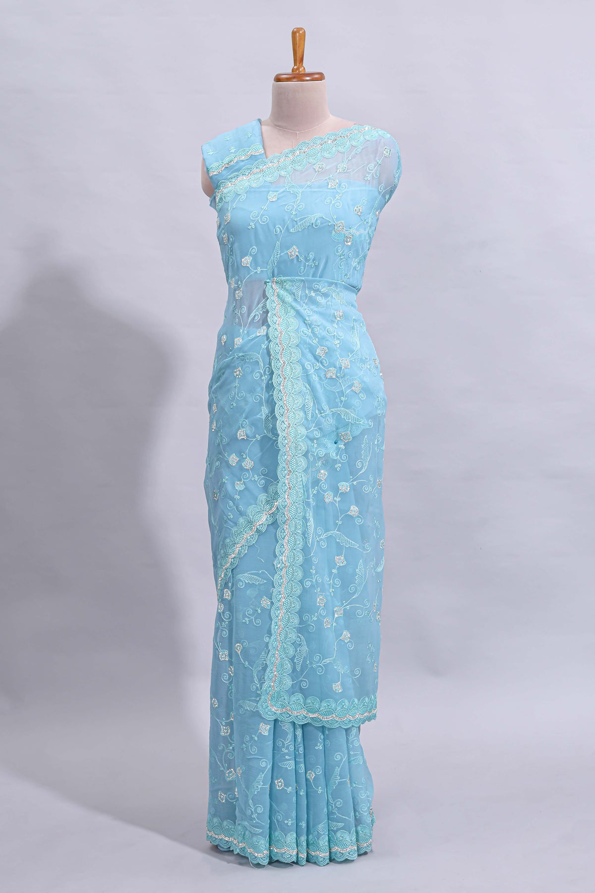 Blue floral design chamki work designer saree with self scallop border and matching blouse