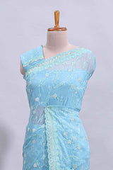 Blue floral design chamki work designer saree with self scallop border and matching blouse