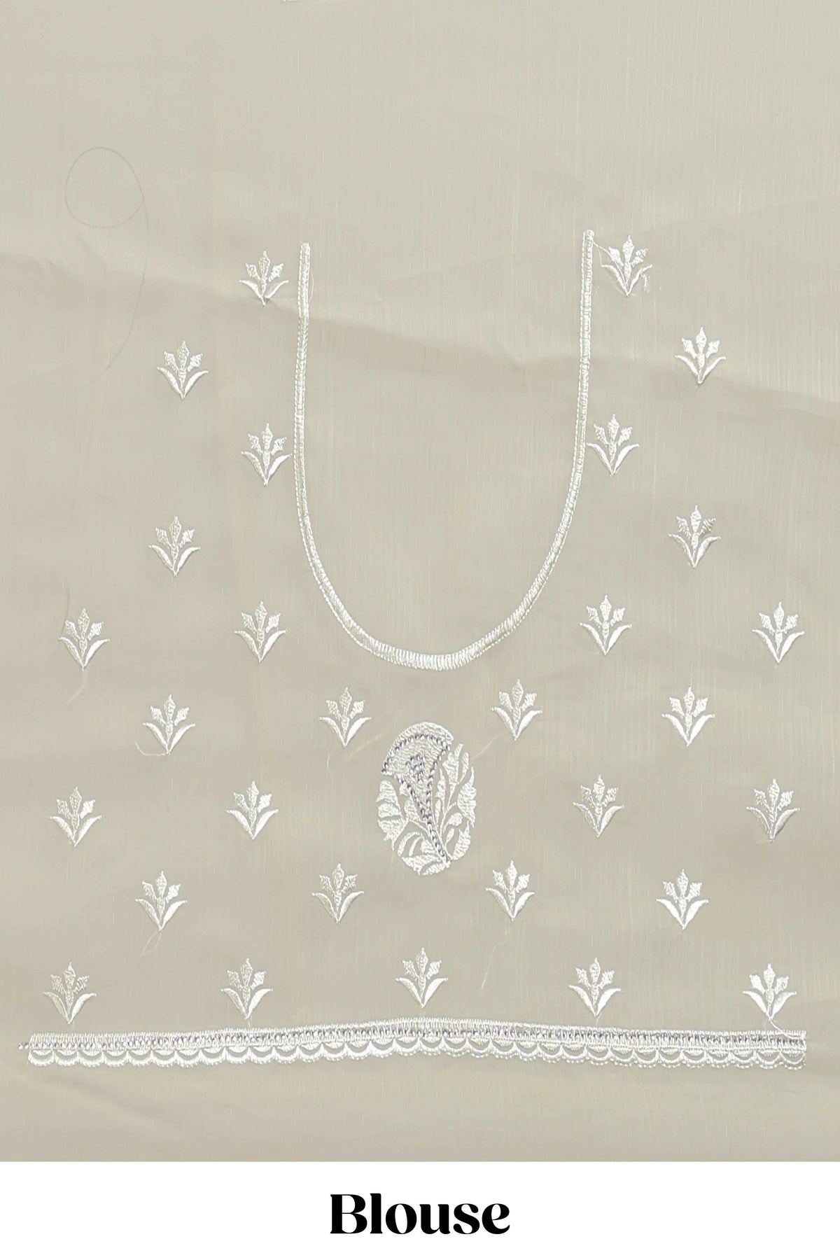Olive green floral design chamki work designer saree with self scallop border and matching blouse