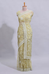 Olive green floral design chamki work designer saree with self scallop border and matching blouse