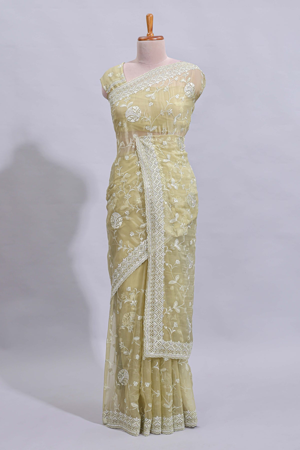 Olive green floral design chamki work designer saree with self scallop border and matching blouse