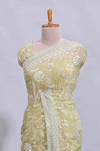 Olive green floral design chamki work designer saree with self scallop border and matching blouse