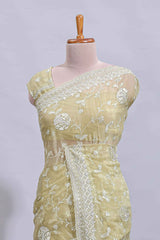 Olive green floral design chamki work designer saree with self scallop border and matching blouse