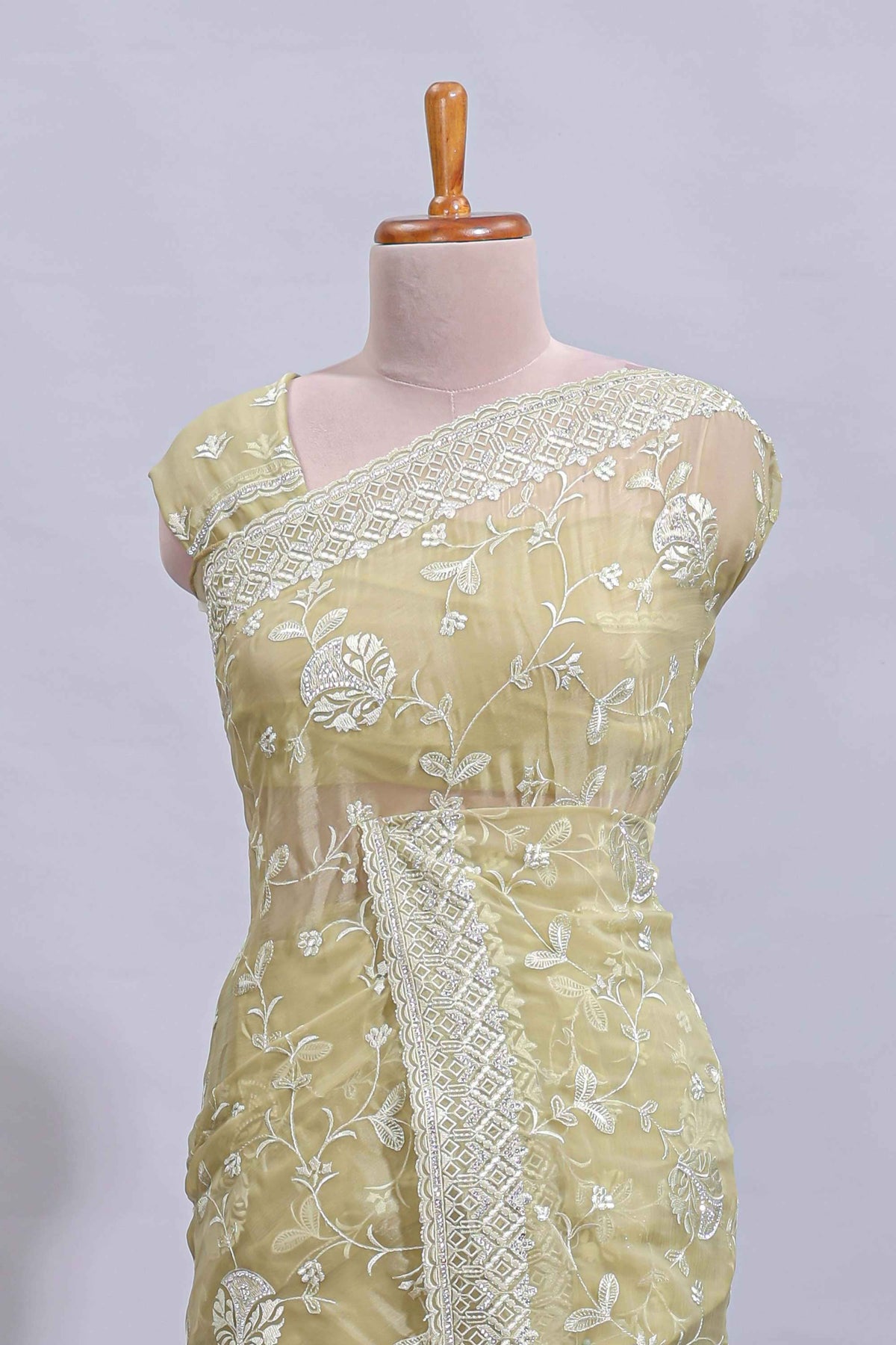 Olive green floral design chamki work designer saree with self scallop border and matching blouse