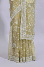Olive green floral design chamki work designer saree with self scallop border and matching blouse