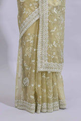 Olive green floral design chamki work designer saree with self scallop border and matching blouse