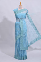 Blue floral design chamki work designer saree with self scallop border and matching blouse