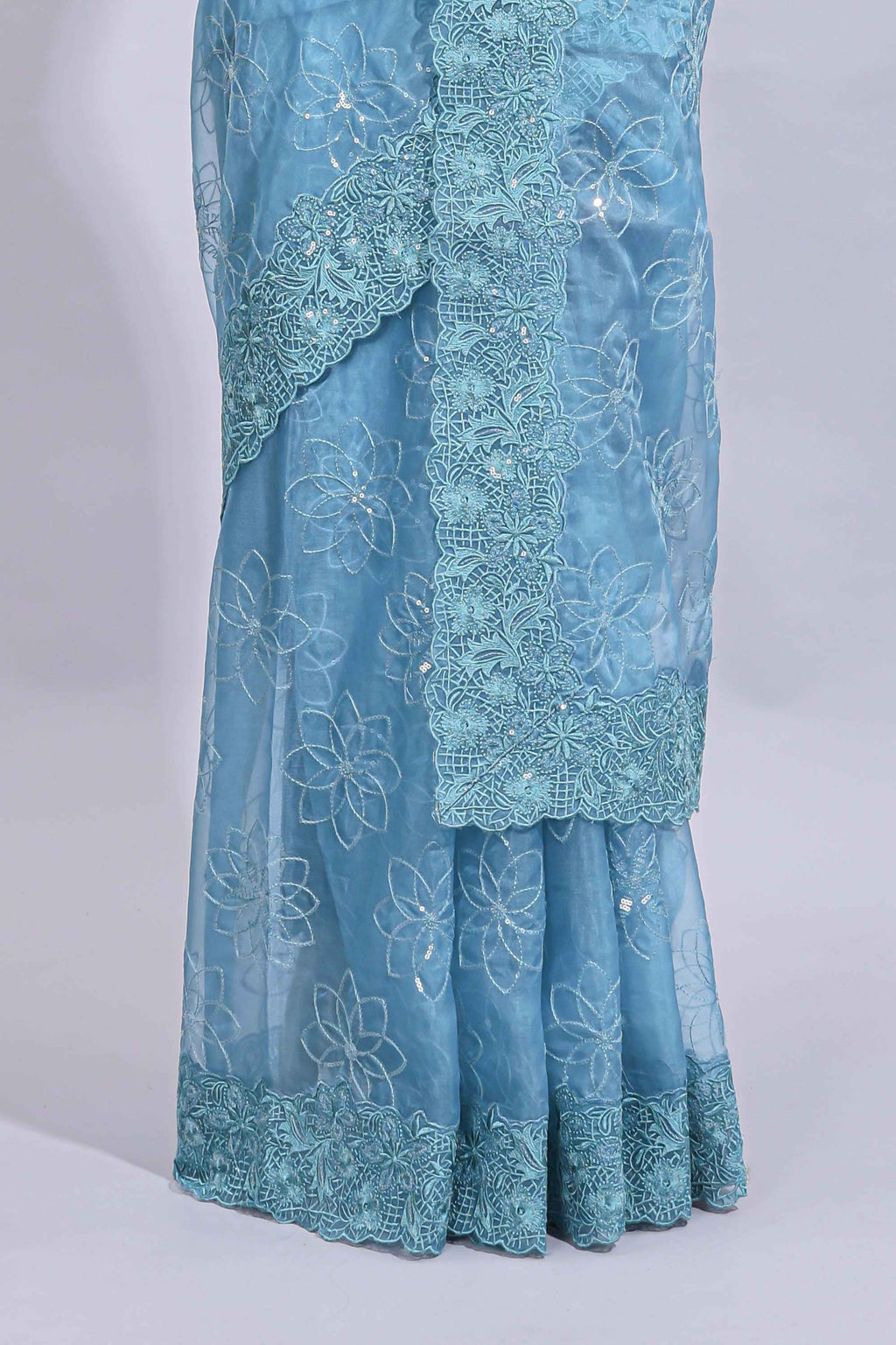 Blue floral design chamki work designer saree with self scallop border and matching blouse