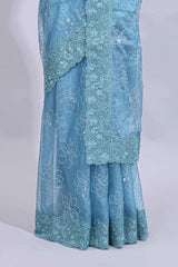 Blue floral design chamki work designer saree with self scallop border and matching blouse