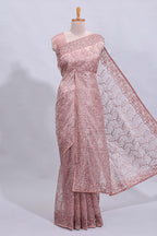 Peach floral design embroidery work designer saree with self border and matching blouse