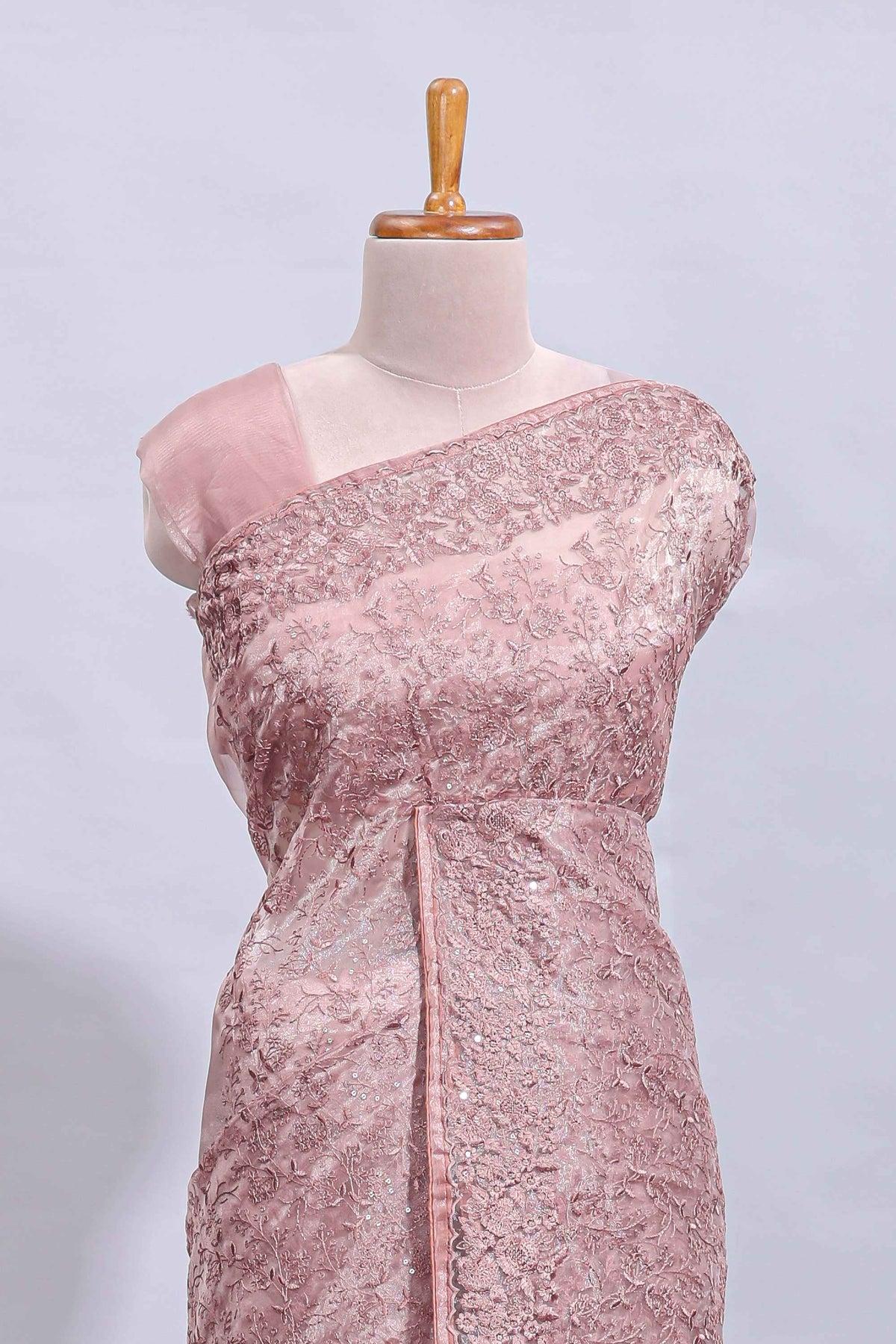 Peach floral design embroidery work designer saree with self border and matching blouse