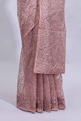 Peach floral design embroidery work designer saree with self border and matching blouse