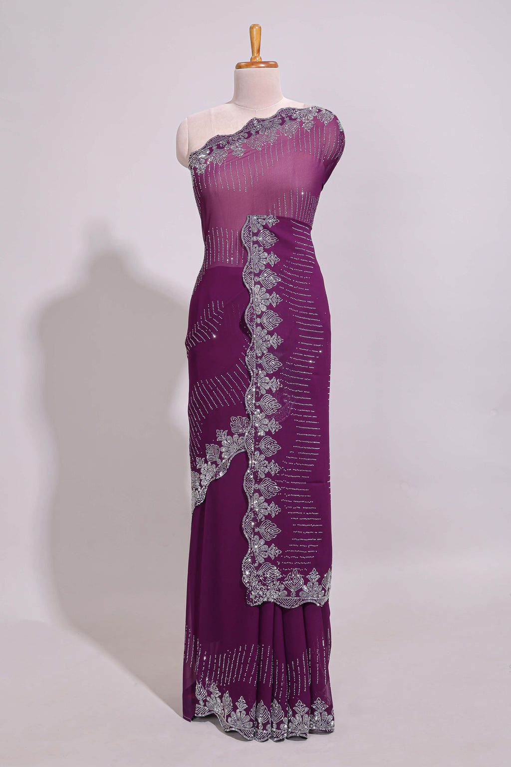 Purple saree with silver sequin wave pattern  embellished scallop border and matching designer pallu along with work blouse