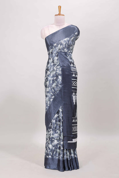 Blue all over leaf print crepe turkey saree with self border and ikkat style pallu