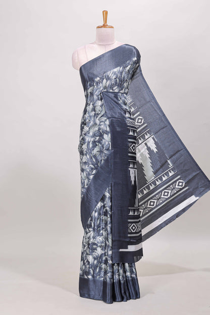 Blue all over leaf print crepe turkey saree with self border and ikkat style pallu