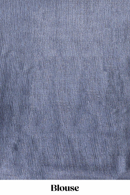 Blue all over leaf print crepe turkey saree with self border and ikkat style pallu