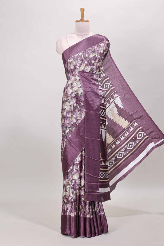 Purple all over leaf print crepe turkey saree with self border and ikkat style pallu