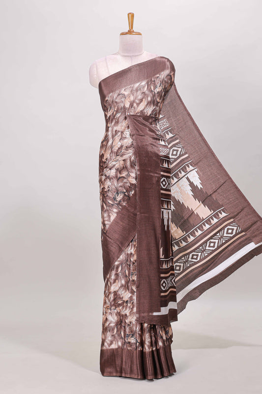 Brown all over leaf print crepe turkey saree with self border and ikkat style pallu