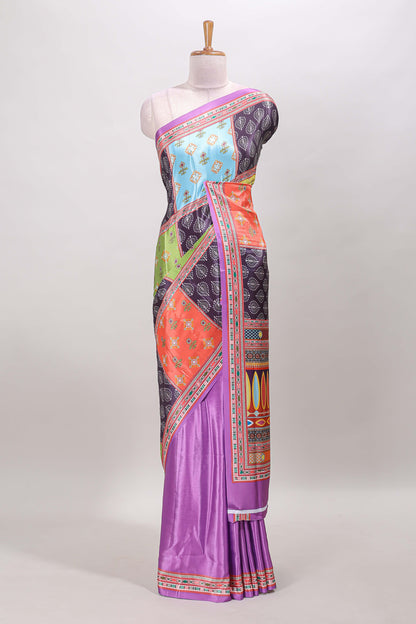 Dark lavender geometric pattern & floral design masakali saree with self border and matching blouse