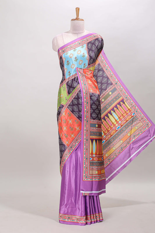 Dark lavender geometric pattern & floral design masakali saree with self border and matching blouse