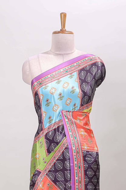 Dark lavender geometric pattern & floral design masakali saree with self border and matching blouse