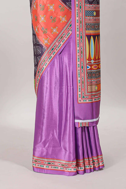 Dark lavender geometric pattern & floral design masakali saree with self border and matching blouse