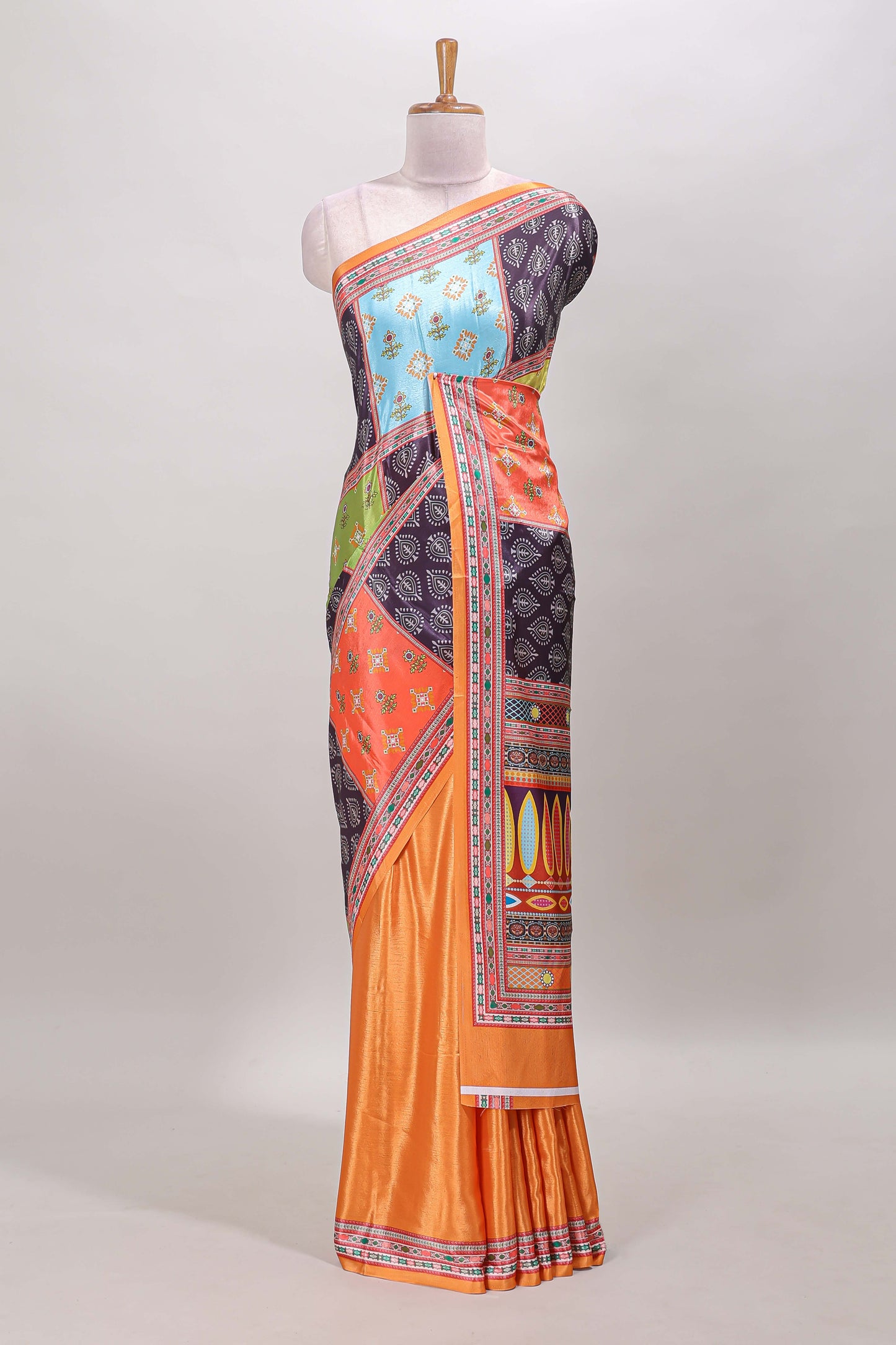 Orange geometric pattern & floral design masakali saree with self border and matching blouse