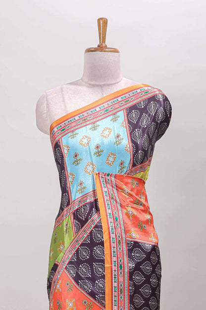 Orange geometric pattern & floral design masakali saree with self border and matching blouse