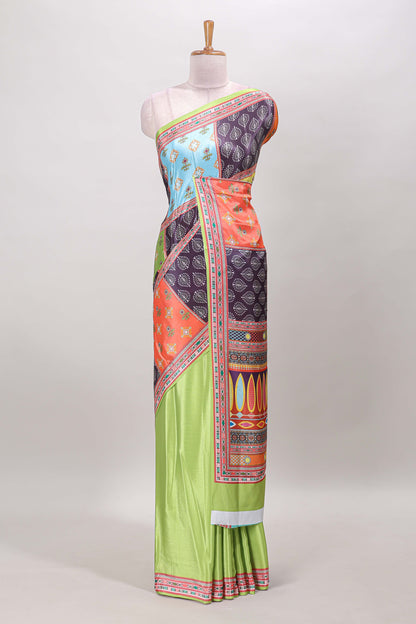 Green geometric pattern & floral design masakali saree with self border and matching blouse