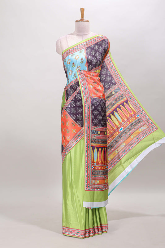 Green geometric pattern & floral design masakali saree with self border and matching blouse