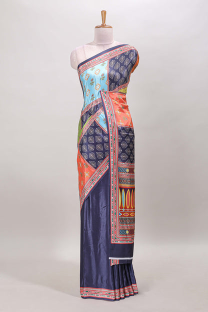 Navy blue geometric pattern & floral design masakali saree with self border and matching blouse