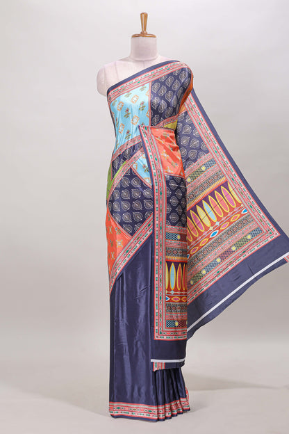 Navy blue geometric pattern & floral design masakali saree with self border and matching blouse