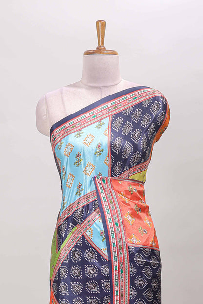 Navy blue geometric pattern & floral design masakali saree with self border and matching blouse