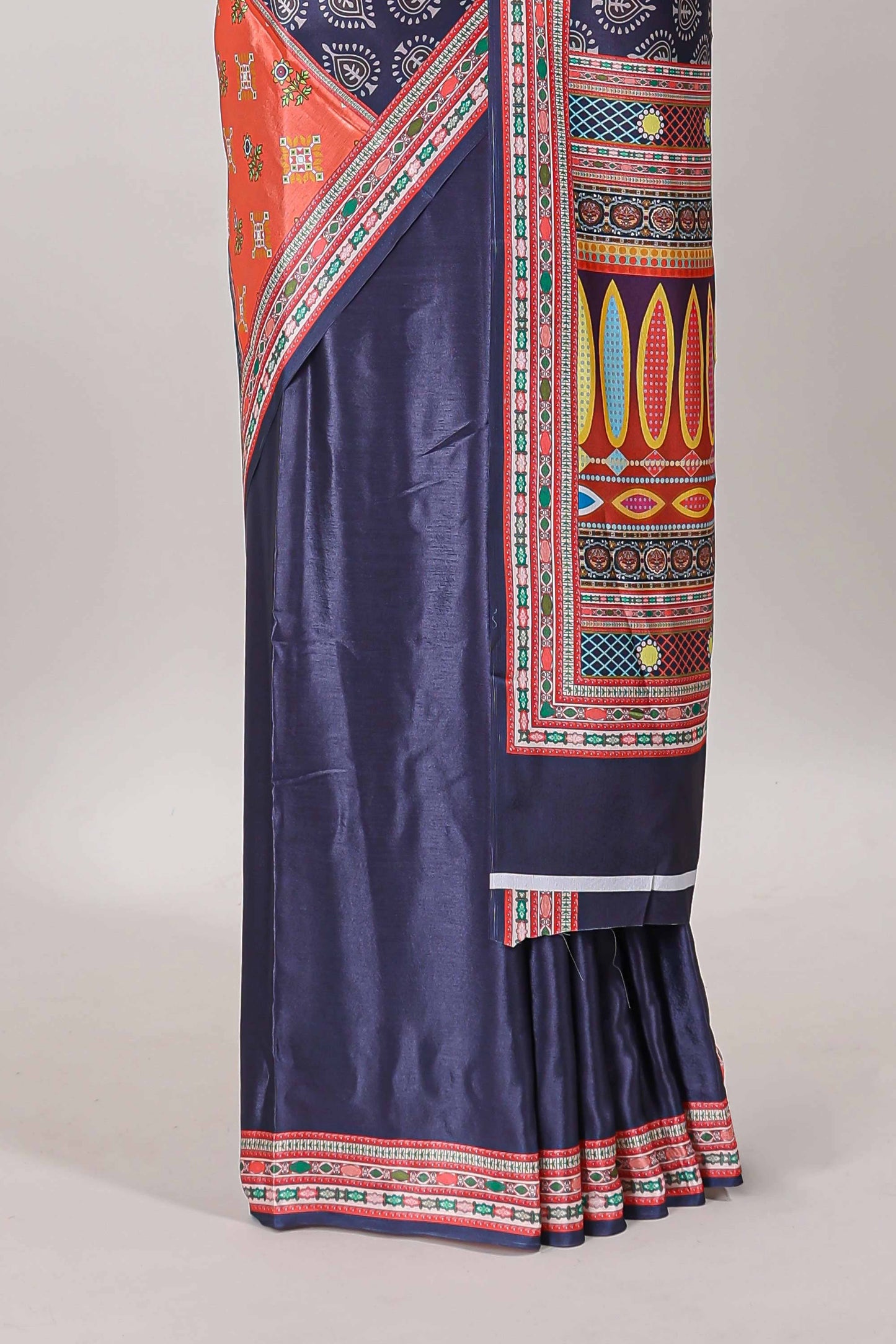 Navy blue geometric pattern & floral design masakali saree with self border and matching blouse